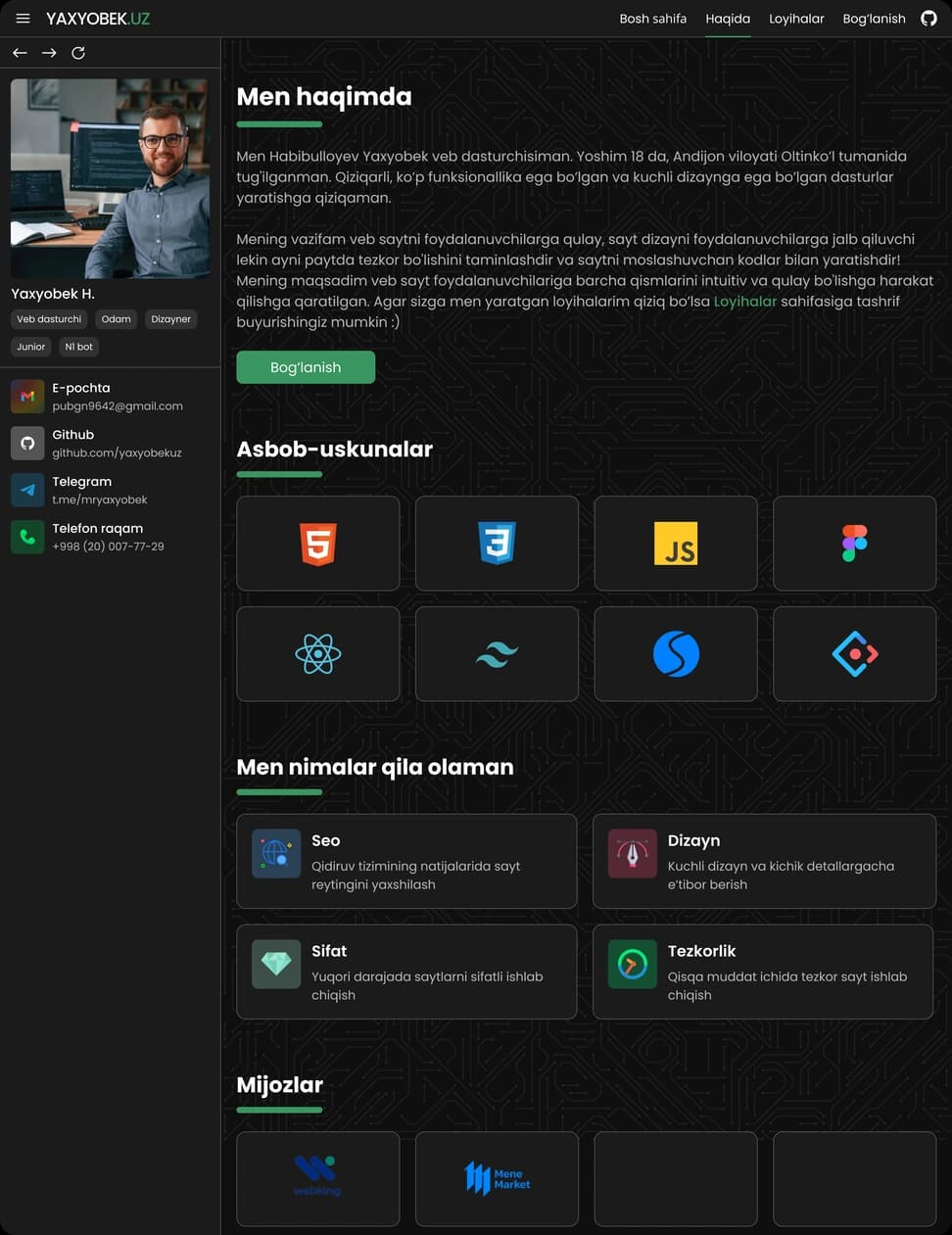 Developer Portfolio Website — Uzbek UI - Preview 1