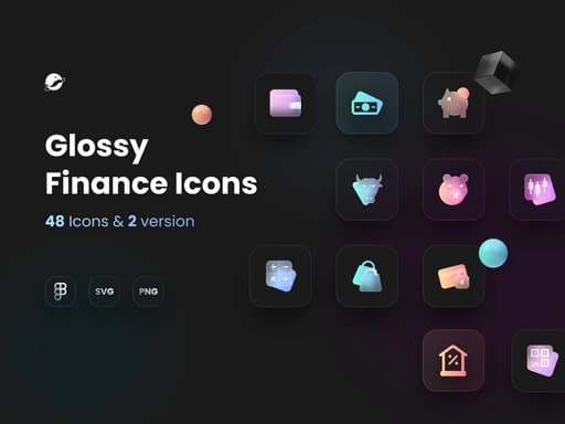 8 Glass Morph Finance Icons — Dark & Bright Mode
